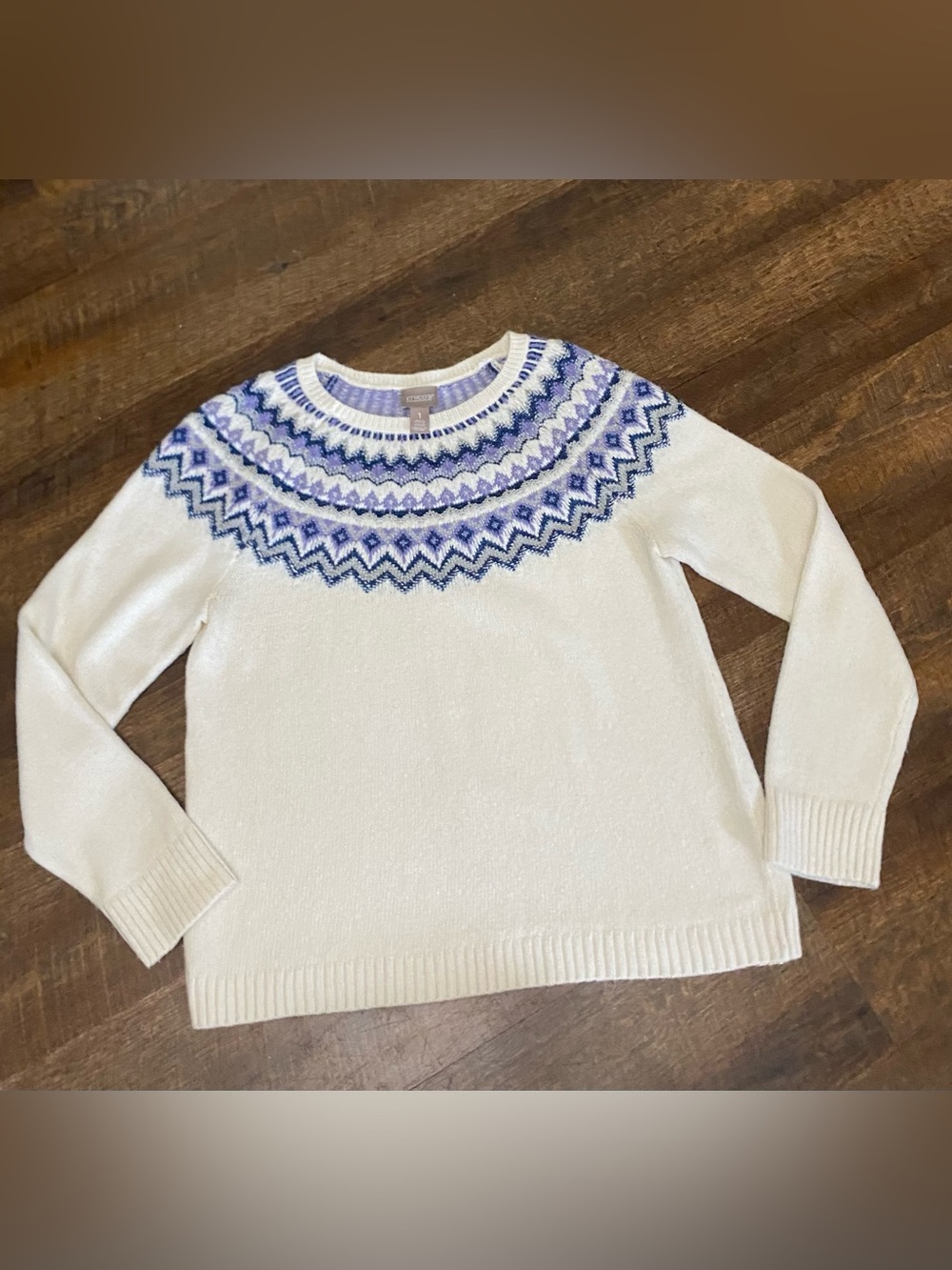 Chico's Women's Size 1- Ivory Fair Isle Knit Crewneck Long Sleeve Sweater